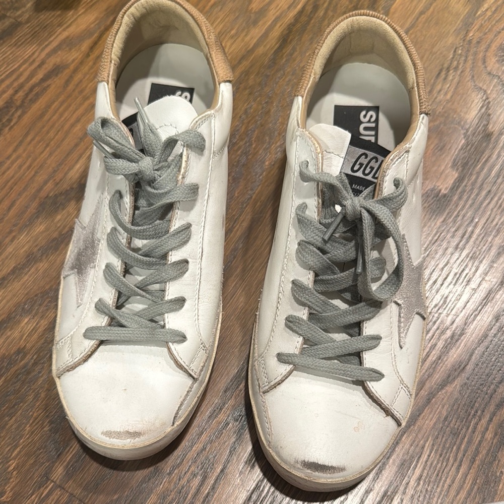 Golden Goose White and Gray Distressed Sneakers